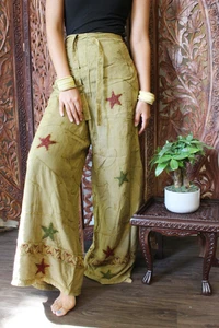 Bohemian Pants Wide Leg Yoga Pants Wrap Pant Green Embroidered Beach Pants ML 