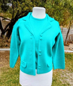 1960s VTG Rising Sun Wool Knit Top+Sweater Cardigan Jacket Set Petite Sz4 XS EUC - Picture 1 of 9