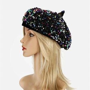 Women's Rainbow Artist Beret Sparkle Bling Shiny Sequins Beanie Party Hat Cap - Picture 1 of 3
