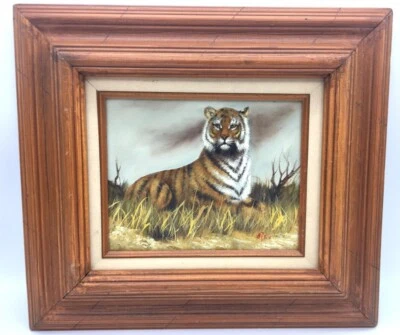 Pintura al óleo de un tigre de Bengala firmado Rex en general 16" X 18" sobre lienzo estirado Foto 1 de 4