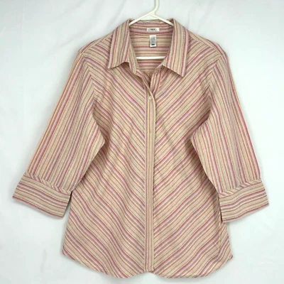 Camisa Old Navy Para Mujer XL Botón Frontal Lino Algodón Rosa Amarillo Rayas Manga 3/4 Foto 1 de 4