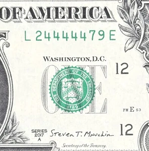 Solid Five of a Kind (4s) in a Row Dollar Fancy Serial Number L 24444479 E - Picture 1 of 3