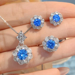 Hochzeit Schmuck Set 3 Teile Blau Weiß Topas Edelsteine Silber Blume Anhänger Ohrringe - Bild 1 von 6