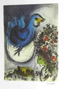 Marc Chagall Signed Colored L.E. Lithograph Reproduction Blue Bird & Woman 72x50 - Picture 1 of 11