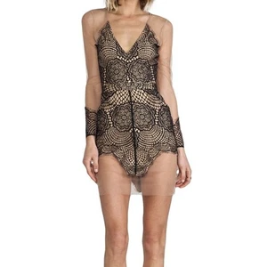 For Love & Lemons Antigua Lace Mesh Sheer Nude Black Mini Dress Women’s M - Picture 1 of 9