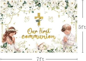 Mehofond 7 x 5 Fuß Erstkommunion Hintergrund für Mädchen weiß und elegant Blumen P - Bild 1 von 3