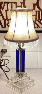 Vintage 1930’s, 1940’s Art Deco Glass Candlestick Cobalt Blue Boudoir Table Lamp - Image 1 of 4