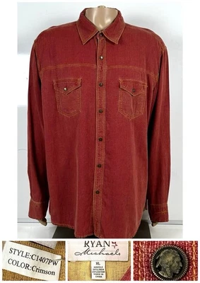 Camisa Ryan Michael Para Hombres XL Roja Seda Mezcla de Lino Western Snap India Abotonada Foto 1 de 4