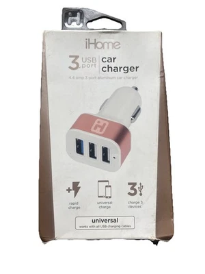 Carregador de carro Ihome porta 3 USB carregamento rápido 4,4 amp cor universal branco e rosa - Imagem 1 de 2