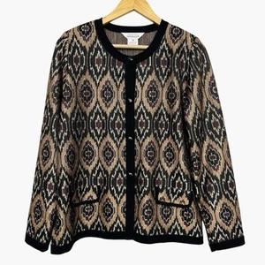 Exklusiv Misook Gold Schwarz Ikat Print Knopfleiste Strick Cardigan Pullover M - Bild 1 von 6