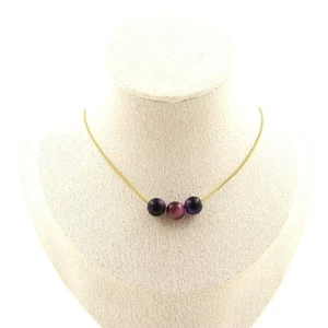 Collar 3 Perlas Ojo De Tigre Fucsia Bicolor 8 Mm. Cadena De Acero Collar F - Imagen 1 de 6