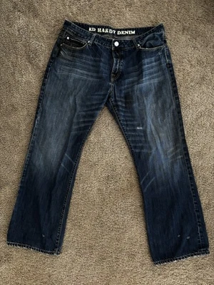 Pantalones de mezclilla Ed Hardy Button Fly desgastados 40 x 32 Y2K Foto 1 de 4