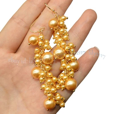 Pendiente gancho colgante racimo cuentas redondas con concha del mar del sur de oro amarillo 4-10 mm Foto 1 de 4