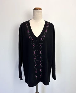 Ice Express Womens Cardigan XL Black Knit Flowers Pure New Wool Woolmark Retro - Foto 1 di 10