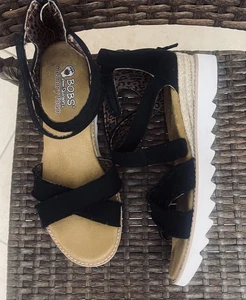 Bobs Skechers Espadrille Wedge Black Canvas Zip & Ankle Strap Sandals SZ 10 NEW - Picture 1 of 11