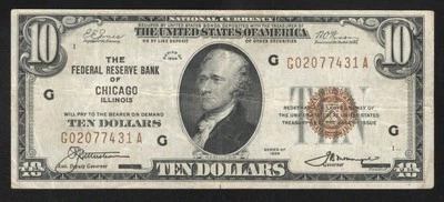 1929 $10 CHICAGO FRBN FEDERAL RESERVE BANK NOTE Fr 1860-G 77431-49 - Image 1 of 2