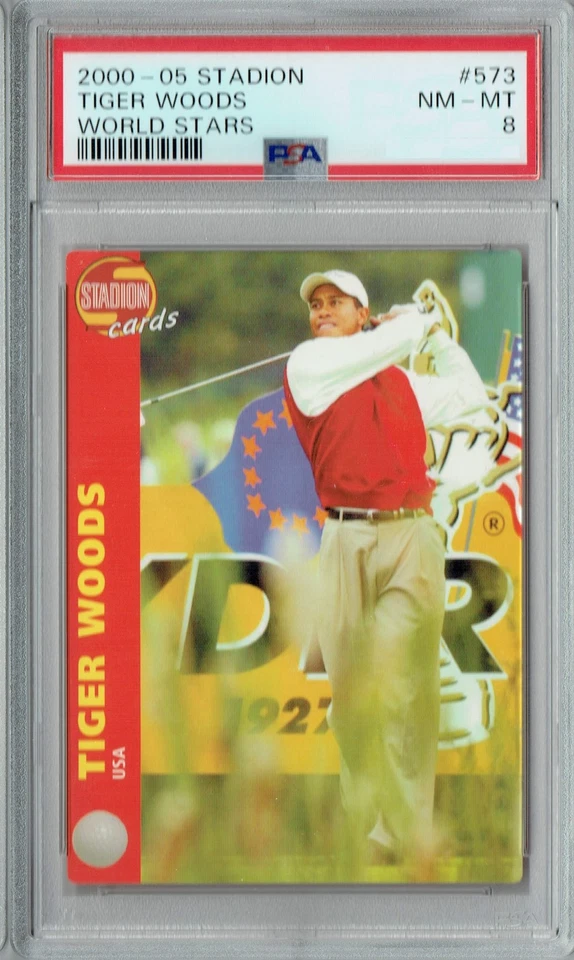 PSA 8 NM-MT Tiger Woods 2000-05 Stadion #573 Rookie Card World Stars - Image 1 of 1