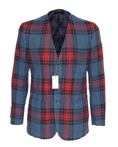 NWT ISAIA NAPOLI JACKET coat blue red plaids wool cotton luxury Italy 52 usa 42 - Picture 1 of 5