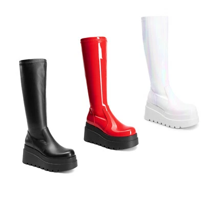 Botas de vestir altas hasta la rodilla para mujer Tacón Punta redonda Cremallera lateral Botas góticas altas Foto 1 de 4