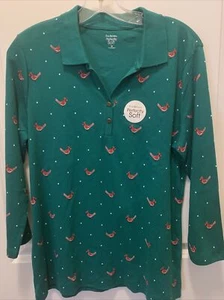 Kim Rogers Perfectly Soft Green w/ Cardinals 3/4 Sleeve V Neck Shirt Size Medium - Picture 1 of 5