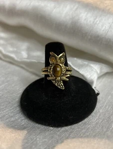 Antique Uncas Tigers Eye Karatclad Heavy Gold Electroplated Owl Ring - Size 9.25 - Picture 1 of 4