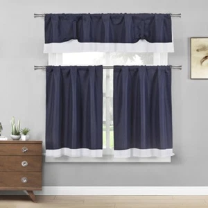 Tie Up Solid Textured Design with White Border Kitchen Curtains 3 Piece Set - Picture 1 of 1