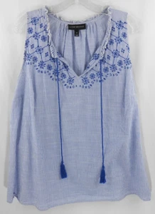Lane Bryant Womens 20 Blue Sleeveless Striped Emroidered V-Neck Tank Top Blouse - Picture 1 of 7