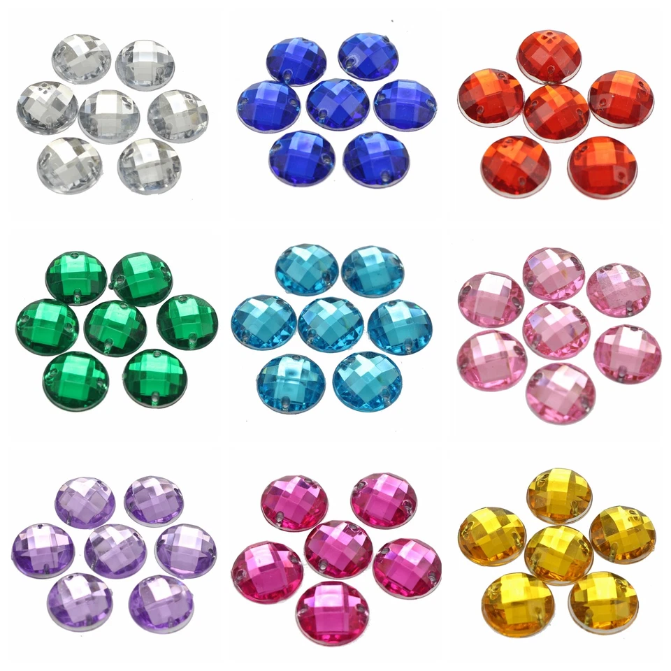 200 Flatback Acrylic Round Sewing Rhinestone Gems Button 12mm Sew on beads - Image 1 of 4