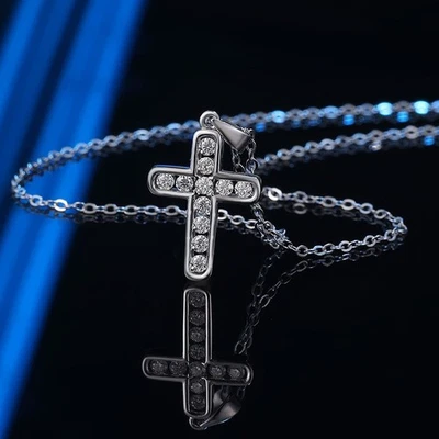 2mm D VVS1 Moissanite Cross Pendant Necklace Men Women 925 Sterling Siver Chain - Image 1 of 4