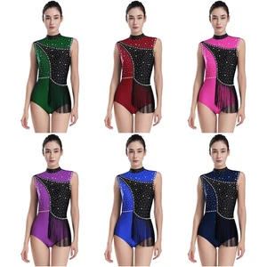 Womens Leotard Dancewear Jumpsuit Gym Bodysuit Waist Rhinestones One-piece Back - Picture 1 of 86