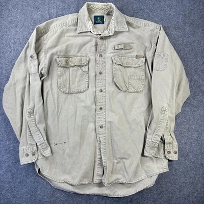 Camisa camel vintage para hombre grande caqui ropa de trabajo utilitaria botón LS 90s Safari Foto 1 de 4
