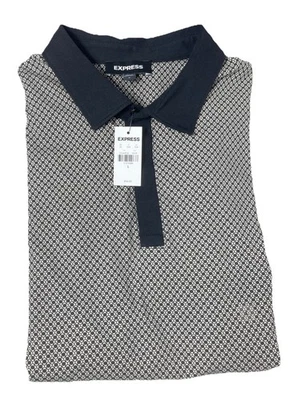 Express Men’s Large Short Sleeve Polo Cream & Black Geometric Performance NWT - Image 1 of 4