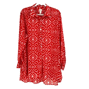 Chico's Women's Long Tunic Top XL Coral Floral Button Up Semi Sheer Professional - Picture 1 of 10
