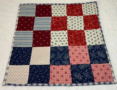 Vintage Patchwork Quilt Table Topper, Nine Patch, Early Calico Prints, Red, Navy - Image 1 of 4