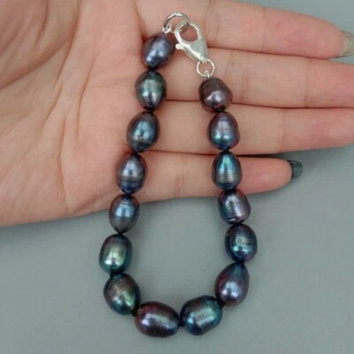 8" 10x12mm White Black Gray Pink Purple CulturedPearl Bracelet silver clasp 925 - Image 1 of 3