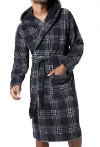New Mens Super Soft Fleece Hooded Check Dressing Gown Cosy Robe Black Size L - Picture 1 of 2