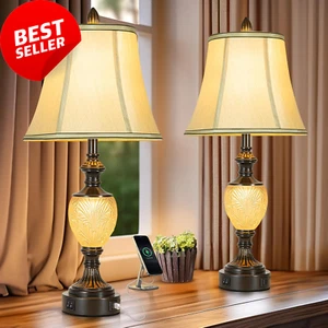 27" Vintage Table Lamp Set of 2, Fabric Shades, USB & Nightlight for Bedroom - Picture 1 of 9