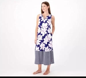 Carole Hochman Trendy Floral Print Tiered Maxi Dress X-Large Sz Navy Top Pockets - Picture 1 of 7