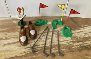 Vintage plastic and wood cake decorations golf themed clubs holes flags + shoes - Picture 1 of 7