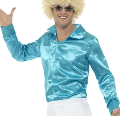 Camisa masculina anos 1970 anos 70 discoteca brilhante vestido extravagante azul anos 1960 anos 60 top por Smiffys - Imagem 1 de 4