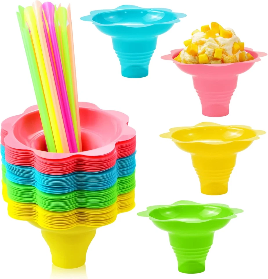 Oomcu 50 PCS Colorful Flower Snow Cone Cups with 50 PCS Cone Spoon Straws,Small - Image 1 of 4