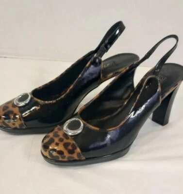 Brighton Women's Cheetah Print Sling Back Patent Heels Sandals 8.5M Black,Italy  - Image 1 of 4