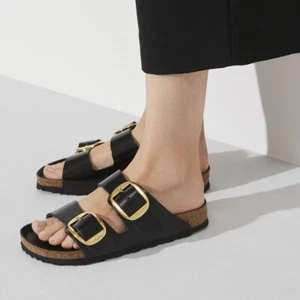 BIRKENSTOCK ARIZONA BIG BUCKLE SLIDE SANDALO NERO LUCIDO TAGLIA 8-8.5US/39EU - Foto 1 di 11