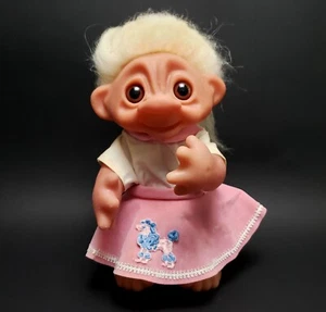 Vintage 1977 THOMAS DAM 9" Troll Doll in Poodle Skirt & Scarf Made in DENMARK - Picture 1 of 9