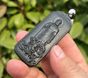 CERTIFIED 46.8g 100% NATURAL XIN JIANG BLACK JADE HAND CARVED SAKYAMUNI PENDANT - Picture 1 of 24