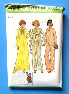 Vintage Simplicity Pattern #7724 Camisón Misses Caftan Pij's Talla 12 Sin Cortar, 1976 - Imagen 1 de 1