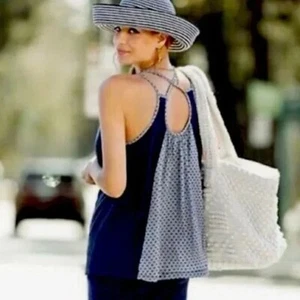 NEW! CABI Cross-Strap Tank Womens XS Navy Blue Print Color Block $79 Top #5202 - Picture 1 of 9