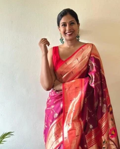 Women's Banarasi Pure Soft Kanjivaram Silk Saree With Blouse Piece For Wedding - Picture 1 of 7