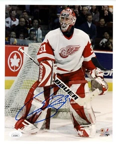 Archivo de fotos 8x10 firmado por Curtis Joseph certificado de autenticidad JSA alas rojas hojas de arce engrasadores azules - Imagen 1 de 2