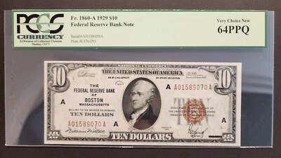 1929 $10 Fr.1860-A FRBN National Bank Of Boston Massachusetts PCGS 64 PPQ - Image 1 of 4